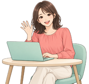 ノートパソコンの前で笑顔で手を振る女性のイラスト