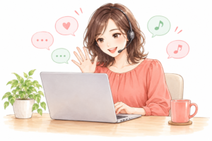 ヘッドセットを着けてパソコン越しに会話する女性のイラスト