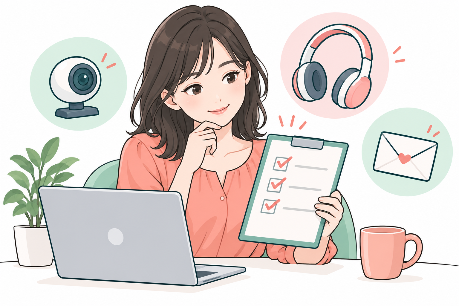 パソコンとチェックリストで、仕事を始める準備をする女性のイラスト