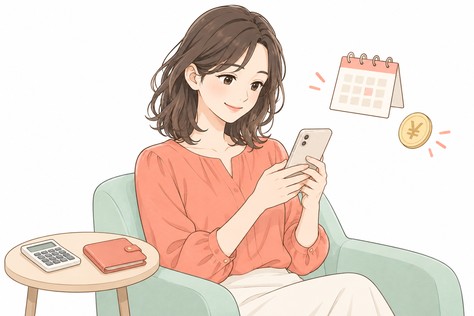 スマートフォンで報酬の明細を見る女性のイラスト